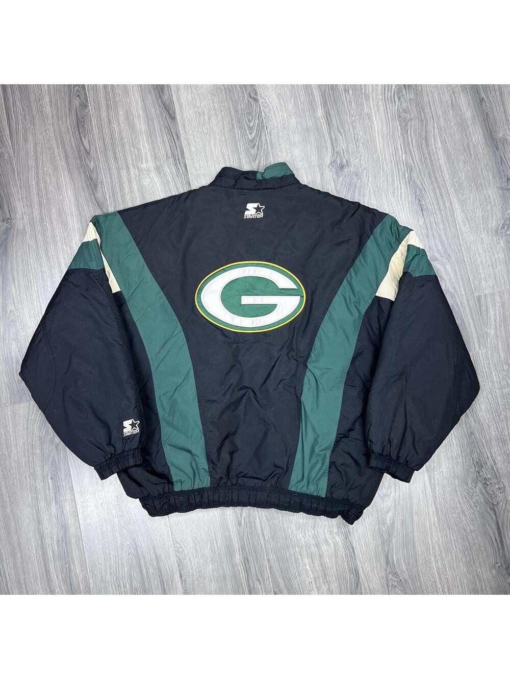 Vintage Starter Green Bay Packers Puffer Jacket XL RARE MENS BLACK ZIP UP